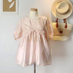 Pink Crochet Lace Puff Sleeve Blouse